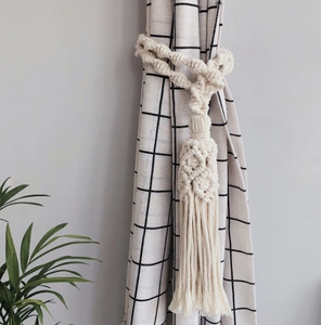 <b>Macrame</b> Bohemian Tassels Curtain Tiebacks | Natural Cotton Rope Boho Woven Curtain Hold Back - Product Image 1