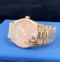 Reloj de Lujo de Acero Inoxidable con Esfera de Chocolate, Color Rosa, Cristal Analógico, Automático, Estilo Hip Hop, con Diamantes Cultivados en Laboratorio, Solo Bisel con Incrustaciones