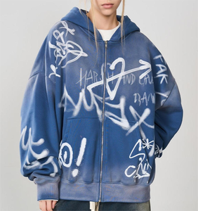 เสื้อฮู้ดดี้สเปรย์ฟอกสีซีดแบบวินเทจ คุณภาพสูง ขายส่ง รับทำโลโก้ ทรงไหล่ตก ซิปหน้า สำหรับผู้ชาย - Product Image 3