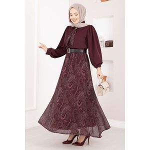 Conjunto Formal Otoñal para Mujer, Camisa de Manga Larga con Estampado Borgoña y Falda de Gasa con Cinturón - Product Image 1