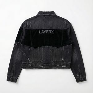 Veste en jean personnalisée 14 oz avec panneau en velours, broderie effet vieilli, coupe droite, longueur classique, style streetwear, coupe ample, coupe-vent, écologique, col rabattu - Product Image 2