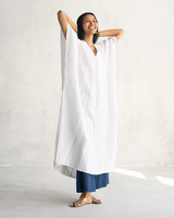 Robe longue kaftan en lin blanc 100% naturel, écologique, lavable, respirante, teinte unie, style bohème minimaliste vintage, idéale pour l'extérieur