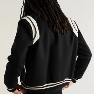 Men's <b>Black</b> Varsity <b>Jacket</b> Wool Polyester Stand Collar Button Front Preppy Style Regular Fit Autumn Wear - Product Image 2