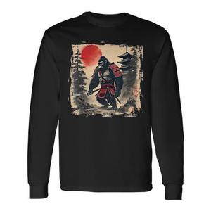 T-shirt a maniche lunghe vintage con grafica tramonto giapponese per Big Foot Samurai, design promozionale in stile giapponese - Product Image 1