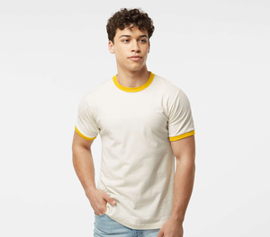 Rétro sonnerie chemise conception personnalisée contraste col t-shirt coton hommes et femmes Vintage sonnerie t-shirts sport usine approvisionnement - Product Image 3