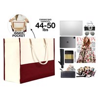 Bolsa de Mano de Lona 100% Algodón Color Borgoña de Alta Calidad, Gran Capacidad, Forma Cuadrada, Color Sólido, Cierre Abierto, para Compras