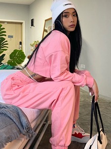 Conjunto de sudadera de gimnasio de algodón para mujer de otoño 100% personalizado, Sudadera con capucha de gran tamaño de lana, chándal largo de pierna ancha para correr - Product Image 4