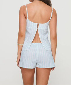 Ensemble pyjama pour femmes en coton 100% uni élégant avec haut de pyjama en dentelle et short, col en V, nœud, taille élastique, respirant, romantique, vêtements de nuit printemps - Product Image 3