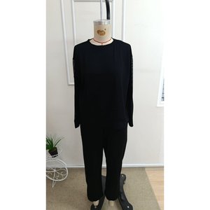 Women'<b>s</b> Long-Sleeve Crew Neck Mesh Tulle Detail Viscose Two-Thread <b>Blouse</b> <b>and</b> Pants Two-Piece Set, 37520 - Black - Product Image 5