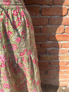 Indian Hand Block Printed White Cotton Long <b>Skirt</b> Dress for Women Casual Style <b>with</b> Embroidered Waistband Breathable <b>Elastic</b> - Product Image 2