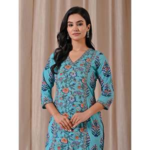 Sea Blue <b>Block</b> <b>Printed</b> Cotton Straight Fit Kurti Indian Ethnic Wear for Ladies and Girls for Special Occasions Stitched Style - Product Image 1