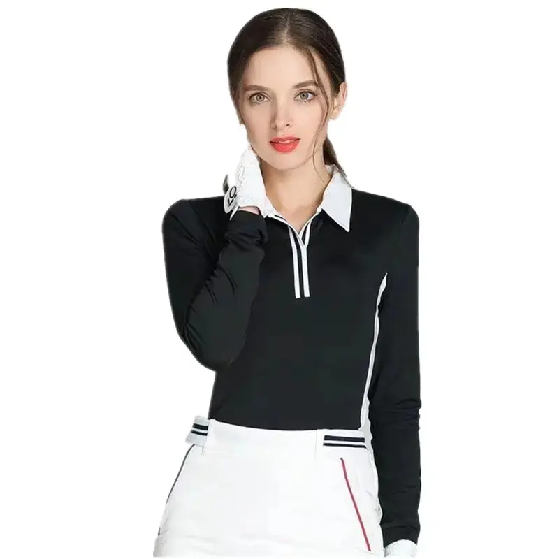 تي شيرت بولو أسود للجولف للنساء ملابس رياضية مصنوعة خصيصًا بأكمام طويلة أنيقة للسيدات قمصان بولو للسيدات