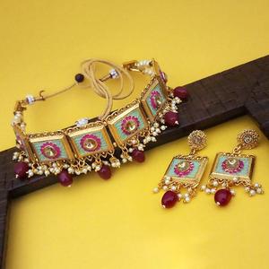 Kriaa meenakari สีชมพูและเขียวกับชุดสร้อยคอหินออสเตรีย1113807ชุบทอง - Product Image 1