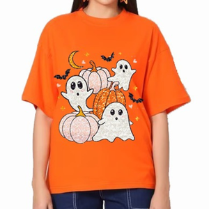 Camiseta holgada de Halloween con cuello redondo para mujer con lentejuelas hechas a mano, Camiseta holgada brillante y transpirable para venta al por mayor - Product Image 2