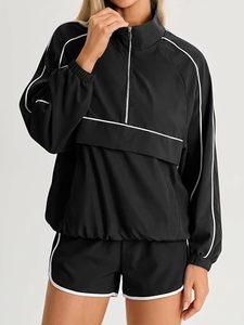 Ensemble sportif 2 pièces pour femme, noir, haut à manches longues avec fermeture éclair et short, vêtements de sport respirants en tricot, coupe ample, printemps-été - Product Image 1