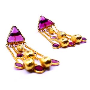 Boucles d'oreilles traditionnelles en argent Sterling 925 plaqué or, Tourmaline rose, pierres précieuses de mariage pour dames, chaîne pendante - Product Image 4