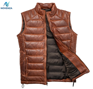 Gilet matelassé en cuir véritable imperméable et écologique pour homme, sans manches, en duvet, chaud pour l'hiver, avec fermeture éclair - Product Image 1