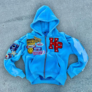 Sudadera con capucha lavada vintage de mezcla de algodón pesado con cremallera personalizada para hombre con apliques bordados con parches - Product Image 4