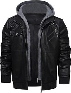 Chaqueta de motorista clásica para hombre, chaqueta de cuero negra acolchada con acabado elegante, Capucha ajustable, ligera, ajustada, negra - Product Image 3