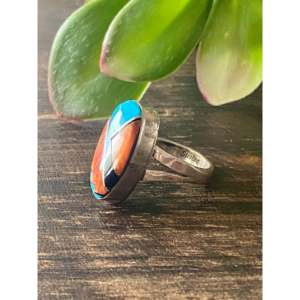 Navajo Multi-Geometric Stone & Platinum Sterling <b>Silver</b> Inlay <b>Ring</b> Size 6-for Everyday Wear with Turquoise <b>Opal</b> Pearl Gemstones - Product Image 4