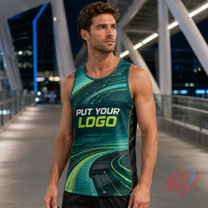 Fabricant de débardeurs de course personnalisés avec logo, séchage rapide, respirant, couleur vert-bleu circuit drift - Product Image 5