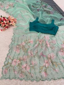 Increíble colección de Sari de seda de organza impresa digitalmente con secuencia y bordes cortados para estilo de bodas - Product Image 5