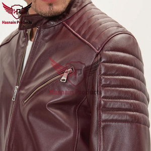 Blouson en cuir véritable bordeaux pour homme, col montant, épaules côtelées, poches zippées, en peau de mouton, style motard, vêtement d'extérieur personnalisé pour l'hiver - Product Image 3