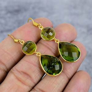 925พลอยเพอริดอทสีเขียวทรงกลมและรูปลูกแพร์ต่างหูห้อยชุบทองเงินสเตอร์ลิงต่างหูของขวัญวันเกิดสำหรับผู้หญิง - Product Image 1