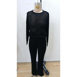 Jane's Women's Long Sleeve Round Neck Transparent Detail Knit Blouse and Pants <b>Two</b>-<b>Piece</b> <b>Set</b> for Casual Daily Wear - Product Image 5
