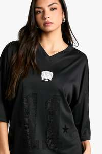 Vêtements et accessoires> Vêtements de sport> Vêtements de football américain pour femmes Varsity Diamante Slogan Oversized V Neck Football Tops - Product Image 4