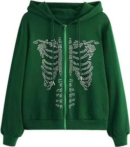 Oversized Street Style Embossed <b>Hoodie</b> Zipper Embroidered Heavyweight Washed Sweatshirt Long Heat Transfer <b>Rhinestone</b> <b>Hoodie</b> - Product Image 1