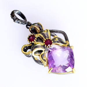 925 Solid <b>Silver</b> Gemstone <b>Necklace</b> Natural Amethyst & Garnet Pendant for Women at Wholesale Price - Product Image 5