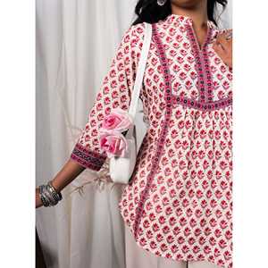 Blusa de Algodón Blanca y Rosa para Mujer, Estampada a Mano, con Cuello Asimétrico, Larga, con Bordado Floral, Tela Popelina, Talla XL - Product Image 4