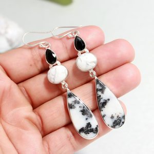 Pendientes de estilo bohemio chapados en plata de ley 925, piedras preciosas de ópalo de dendrita blanca a la moda, bisel Natural de piedra, aniversario - Product Image 6