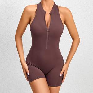 Combinaison de yoga pour femmes, respirante, en spandex/nylon, avec fermeture éclair, sans manches, col en V et bretelles doubles, combinaison courte active - Product Image 4