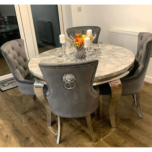 أثاث متاجر فاخر، طقم طاولة طعام دائرية رخيصة بتصميم عصري وأنيق مع 4 كراسي، سطح رخامي وأرجل معدنية - Product Image 5