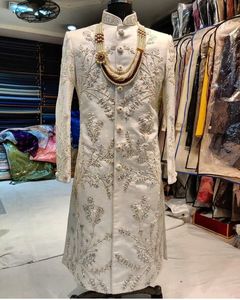 STYLISH EMBROIDERY on WHITE SILK FABRIC SHERWANI,<b>PANT</b> & MATCHING SHOE WITH EMBELLISHED CRYSTAL GLASS BEADS,STONE,DABKA WORK@2024 - Product Image 1