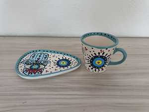 DOUBLE HAND-PAINTED HANDMADE CLASSIC CERAMIC TURKISH HOME COFFEE MUG SET TRAY FRUIT PATTERN PARTY DISHWASHER SAFE DAFNI <b>BIG</b> - Product Image 2