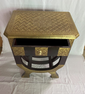 Traditional Wooden Nightstand With Gold Inlay Brass Fitted And Single Drawer Bedroom Furniture Decorative Side Table Nighstand - Product Image 2