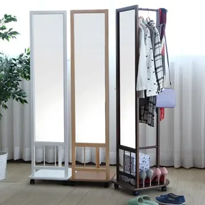 Modern <b>Standing</b> Full Mirror with Wooden Storage <b>Hanger</b> - Product Image 2