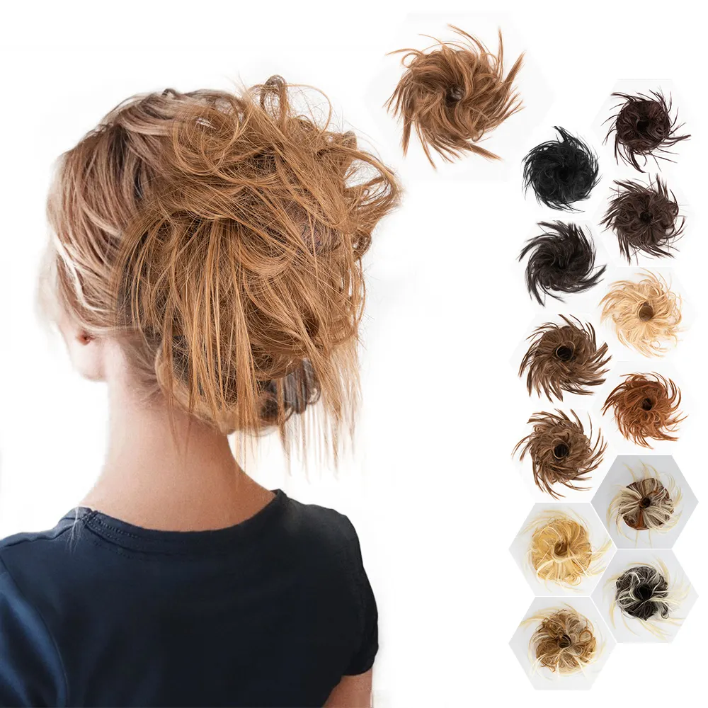 Fashion Women and Girls Synthetic Hair Ring Wrap On Messy Hair Bun Ponytails Curly Scrunchie Chignon Hair Bun With Rubber Band