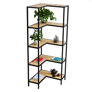 Estante Esquinero de 5 Niveles de Madera de Caucho con Estructura de Hierro de 60x60x160cm, Modelo KGT68025, Tipo Vertical para Sala de Estar - Product Image 1