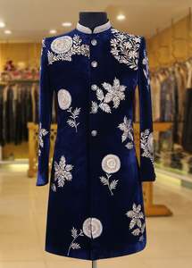 2023 à la mode bleu marine Sherwani avec pantalon robe Zari broderie grande taille respirant chaussure assortie pour les mariages et les fêtes - Product Image 2