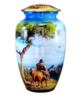 Urna Funeraria de Metal (Latón/Aluminio) con Diseño de Caballo y Naturaleza Azul para Cenizas Humanas de Adultos - Product Image 6