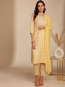 women ethnic Yellow Floral Printed Gotta Patti Straight viscose rayon Kurta with <b>Trouser</b> & Dupatta <b>indian</b> pakistan salwar kameez - Product Image 5