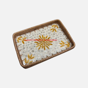Plateau de service en rotin de meilleure qualité avec incrustation de nacre plateau de canne décoratif carré plateau de service à motif floral coquillage - Product Image 2