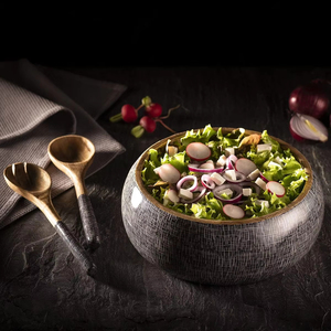 Bol à salade en bois de manguier au design classique cuillère Table à manger haute décorative bol en bois imprimé en émail multicolore poli HF - Product Image 1