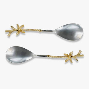 Juego de cubiertos de servidor de ensalada de boda de diseño real, rama elegante de acero inoxidable y latón con diseño de hojas y flores - Product Image 1