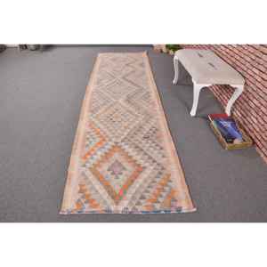 Alfombra vintage de 2.9x10.9 pies, alfombra turca tipo runner, alfombra de lana beige con plantas y árboles naranjas - Product Image 1