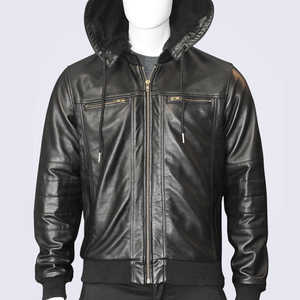 Veste en cuir à capuche pour homme Vêtements d'hiver Logo brodé personnalisé Noir Veste en cuir véritable 100% avec poches zippées - Product Image 4